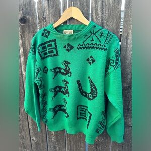 Vintage Green Black Native American Style Horse Pattern Knit Sweater sz M